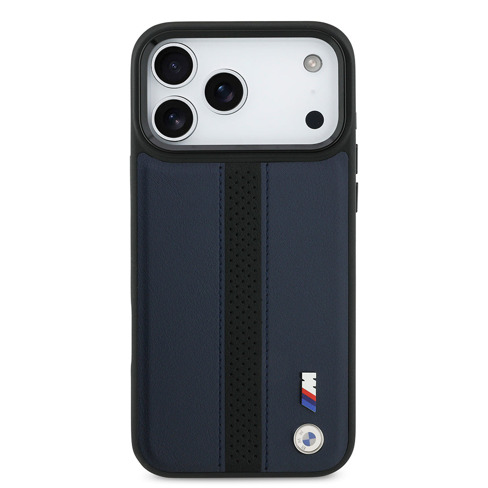iPhone 17 Pro Max Kılıf BMW Orjinal Lisanslı M-safe Şarj Özellikli Deri Arka Yüzey Metal Logolu Delikli Şerit Tasarımlı Kılıf