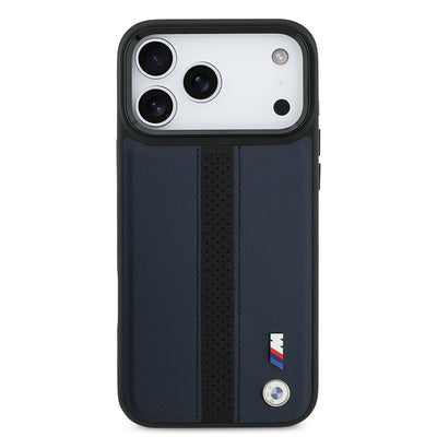Apple iPhone 17 Pro Max Kılıf BMW Orjinal Lisanslı M-safe Şarj Özellikli Deri Arka Yüzey Metal Logolu Delikli Şerit Tasarımlı Kapak Mavi