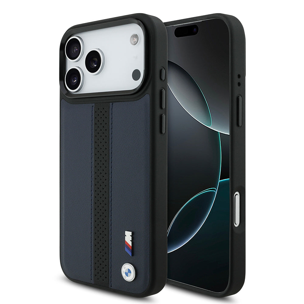 iPhone 17 Pro Max Kılıf BMW Orjinal Lisanslı M-safe Şarj Özellikli Deri Arka Yüzey Metal Logolu Delikli Şerit Tasarımlı Kılıf