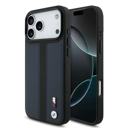 iPhone 17 Pro Max Kılıf BMW Orjinal Lisanslı M-safe Şarj Özellikli Deri Arka Yüzey Metal Logolu Delikli Şerit Tasarımlı Kılıf