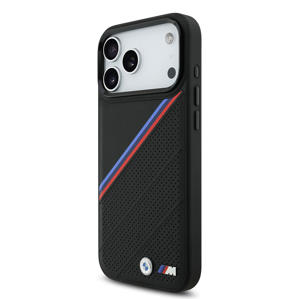 iPhone 17 Pro Max Kılıf BMW Orjinal Lisanslı M-safe Şarj Özellikli M Logolu Üç Şeritli Delikli Deri Kılıf