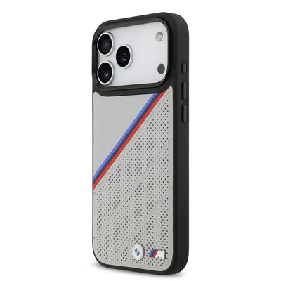 Apple iPhone 17 Pro Max Kılıf BMW Orjinal Lisanslı M-safe Şarj Özellikli M Logolu Üç Şeritli Delikli Deri Kapak Siyah