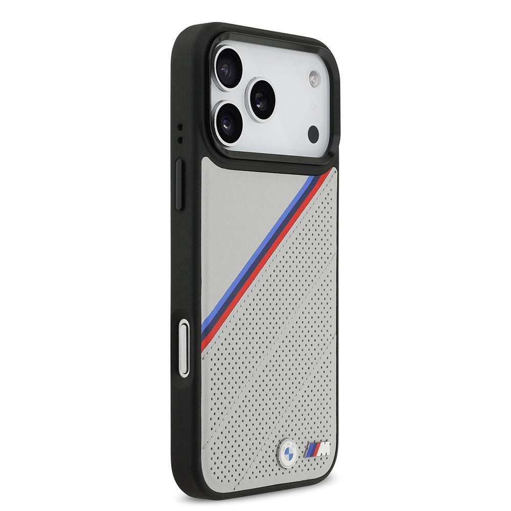 iPhone 17 Pro Max Kılıf BMW Orjinal Lisanslı M-safe Şarj Özellikli M Logolu Üç Şeritli Delikli Deri Kılıf