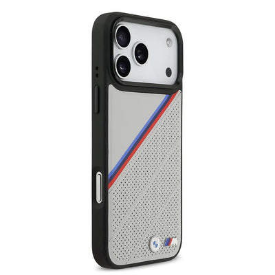 Apple iPhone 17 Pro Max Kılıf BMW Orjinal Lisanslı M-safe Şarj Özellikli M Logolu Üç Şeritli Delikli Deri Kapak Siyah
