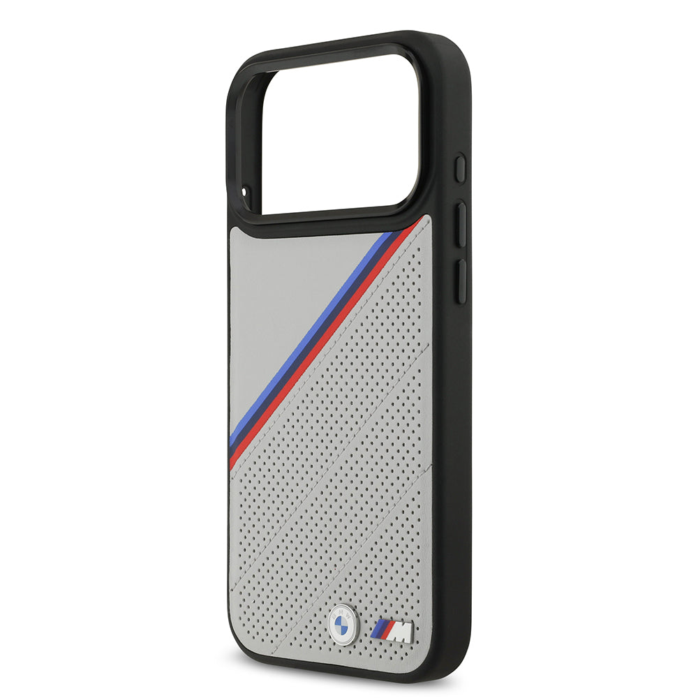 iPhone 17 Pro Max Kılıf BMW Orjinal Lisanslı M-safe Şarj Özellikli M Logolu Üç Şeritli Delikli Deri Kılıf