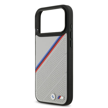 iPhone 17 Pro Max Kılıf BMW Orjinal Lisanslı M-safe Şarj Özellikli M Logolu Üç Şeritli Delikli Deri Kılıf