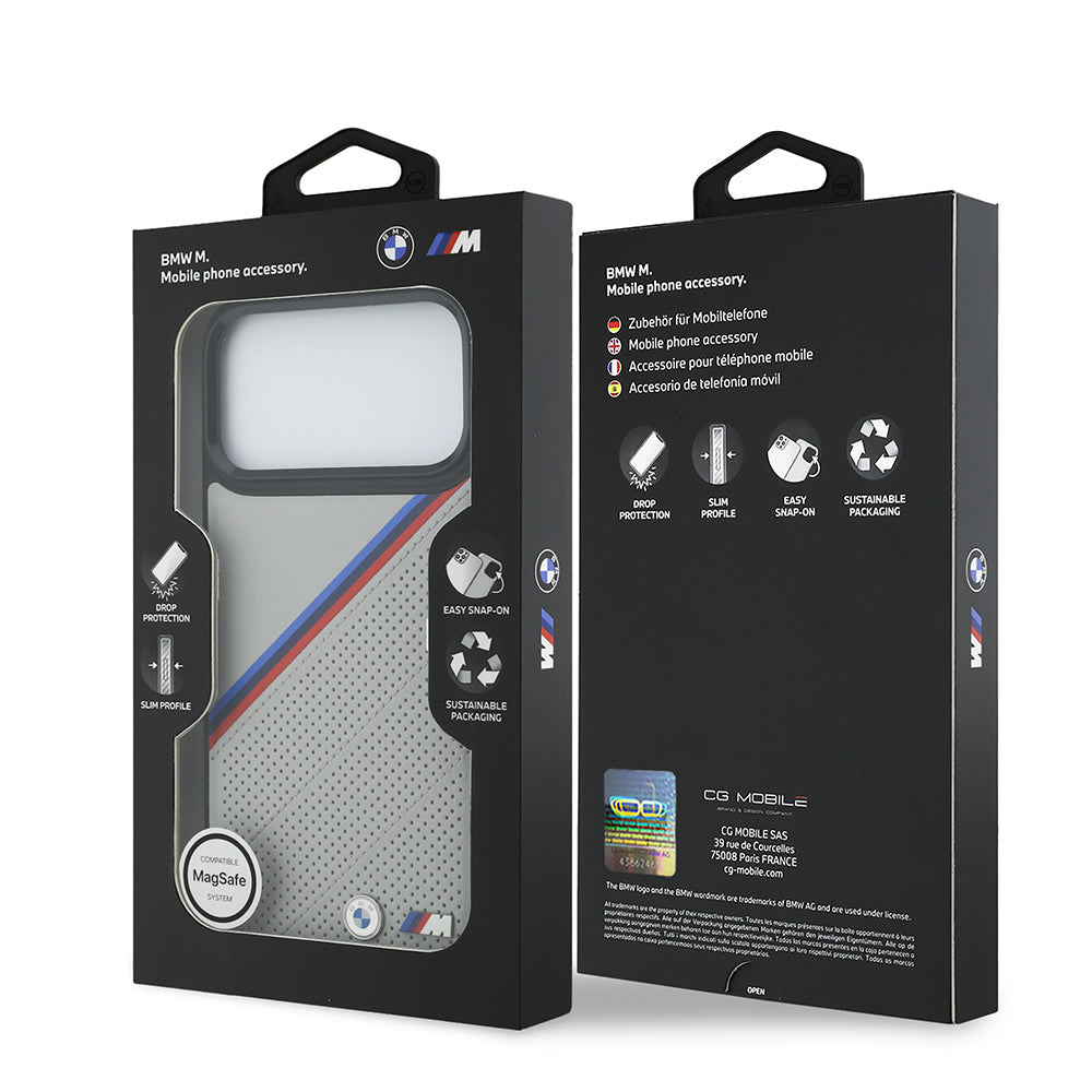 iPhone 17 Pro Max Kılıf BMW Orjinal Lisanslı M-safe Şarj Özellikli M Logolu Üç Şeritli Delikli Deri Kılıf