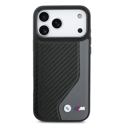 Apple iPhone 17 Pro Max Kılıf BMW Orjinal Lisanslı M-safe Şarj Özellikli Metal BMW ve M Logolu PU Karbon Tasarımlı Kapak Siyah