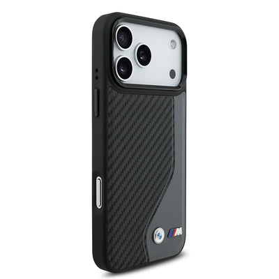 Apple iPhone 17 Pro Max Kılıf BMW Orjinal Lisanslı M-safe Şarj Özellikli Metal BMW ve M Logolu PU Karbon Tasarımlı Kapak Siyah
