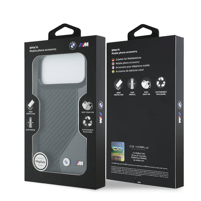 Apple iPhone 17 Pro Max Kılıf BMW Orjinal Lisanslı M-safe Şarj Özellikli Metal BMW ve M Logolu PU Karbon Tasarımlı Kapak Siyah