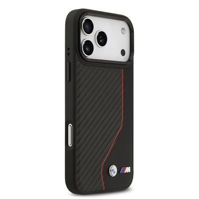 Apple iPhone 17 Pro Max Kılıf BMW Orjinal Lisanslı M-safe Şarj Özellikli Metal BMW ve M Logolu PU Karbon Tasarımlı Kapak Kırmızı