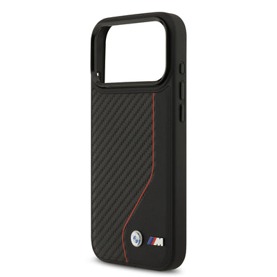 Apple iPhone 17 Pro Max Kılıf BMW Orjinal Lisanslı M-safe Şarj Özellikli Metal BMW ve M Logolu PU Karbon Tasarımlı Kapak Kırmızı