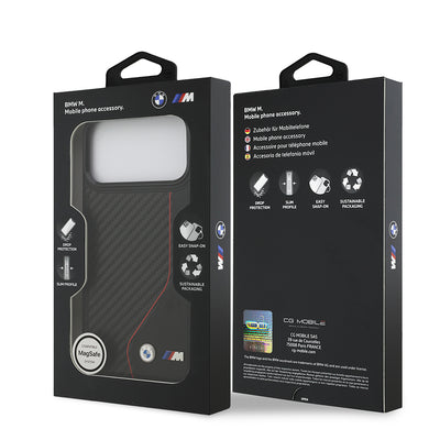 Apple iPhone 17 Pro Max Kılıf BMW Orjinal Lisanslı M-safe Şarj Özellikli Metal BMW ve M Logolu PU Karbon Tasarımlı Kapak Kırmızı