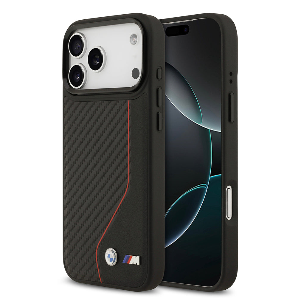 iPhone 17 Pro Max Kılıf BMW Orjinal Lisanslı M-safe Şarj Özellikli Metal BMW ve M Logolu PU Karbon Tasarımlı Kılıf