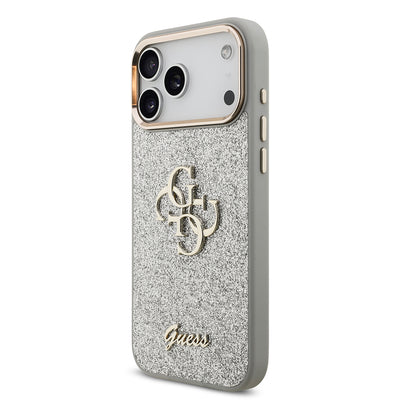 Apple iPhone 17 Pro Max Kılıf Guess Orjinal Lisanslı 4G Büyük Metal Kamera Çerçeveli ve Logolu Glitter Kapak Gri