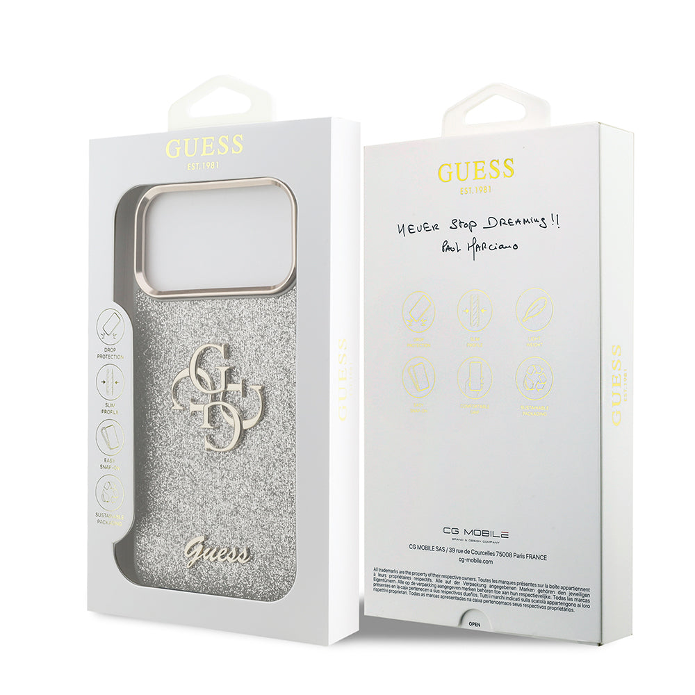 iPhone 17 Pro Max Kılıf Guess Orjinal Lisanslı 4G Büyük Metal Kamera Çerçeveli ve Logolu Glitter Kılıf