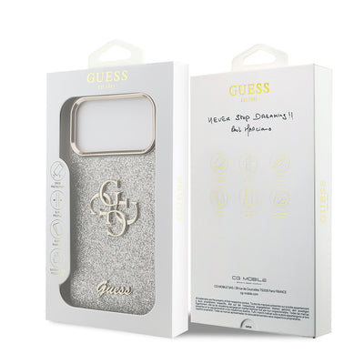 Apple iPhone 17 Pro Max Kılıf Guess Orjinal Lisanslı 4G Büyük Metal Kamera Çerçeveli ve Logolu Glitter Kapak Pembe