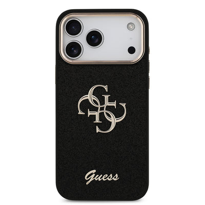 Apple iPhone 17 Pro Max Kılıf Guess Orjinal Lisanslı 4G Büyük Metal Kamera Çerçeveli ve Logolu Glitter Kapak Siyah