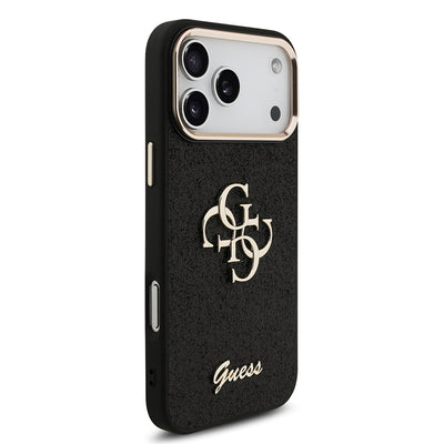 Apple iPhone 17 Pro Max Kılıf Guess Orjinal Lisanslı 4G Büyük Metal Kamera Çerçeveli ve Logolu Glitter Kapak Pembe