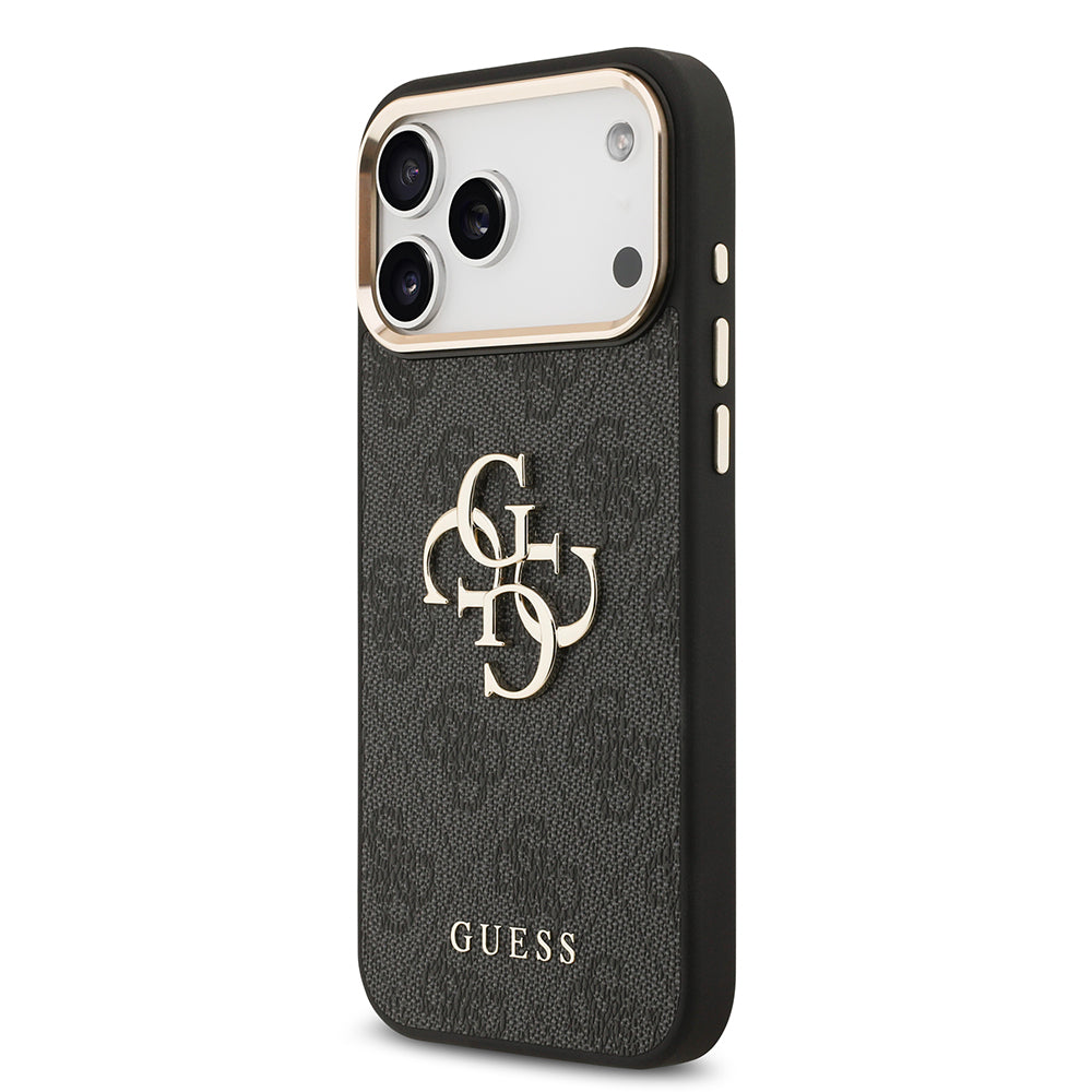 iPhone 17 Pro Max Kılıf Guess Orjinal Lisanslı Gold Metal Kamera Çerçeveli 4G Desenli Metal Büyük 4G ve Yazı Logolu Kılıf