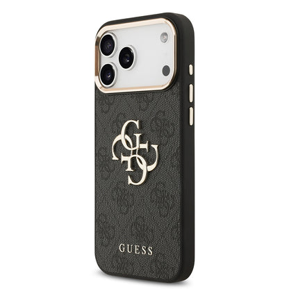 iPhone 17 Pro Max Kılıf Guess Orjinal Lisanslı Gold Metal Kamera Çerçeveli 4G Desenli Metal Büyük 4G ve Yazı Logolu Kılıf