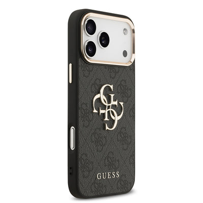 Apple iPhone 17 Pro Max Kılıf Guess Orjinal Lisanslı Gold Metal Kamera Çerçeveli 4G Desenli Metal Büyük 4G ve Yazı Logolu Kapak Siyah