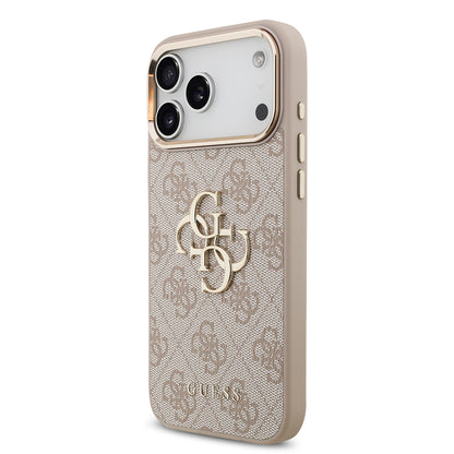 iPhone 17 Pro Max Kılıf Guess Orjinal Lisanslı Gold Metal Kamera Çerçeveli 4G Desenli Metal Büyük 4G ve Yazı Logolu Kılıf