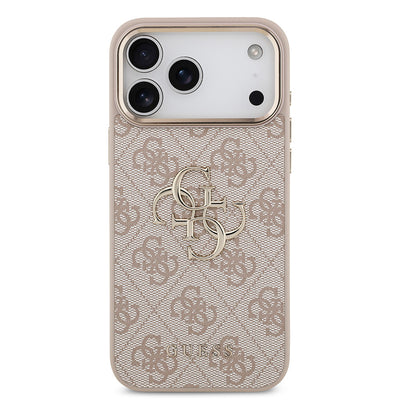 Apple iPhone 17 Pro Max Kılıf Guess Orjinal Lisanslı Gold Metal Kamera Çerçeveli 4G Desenli Metal Büyük 4G ve Yazı Logolu Kapak Pembe