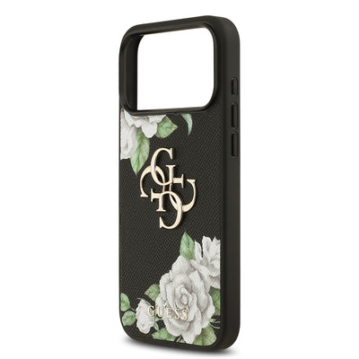 Apple iPhone 17 Pro Max Kılıf Guess Orjinal Lisanslı Gül Baskılı Büyük Metal Logo Dizaynlı Kapak Siyah