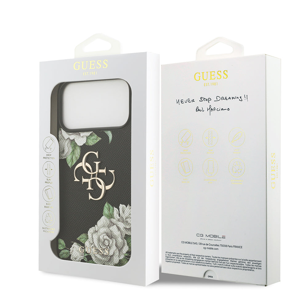 iPhone 17 Pro Max Kılıf Guess Orjinal Lisanslı Gül Baskılı Büyük Metal Logo Dizaynlı Kılıf