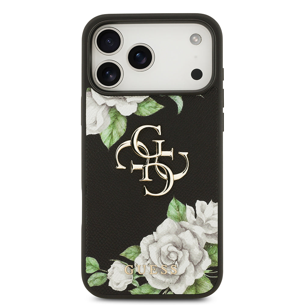 iPhone 17 Pro Max Kılıf Guess Orjinal Lisanslı Gül Baskılı Büyük Metal Logo Dizaynlı Kılıf