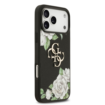 Apple iPhone 17 Pro Max Kılıf Guess Orjinal Lisanslı Gül Baskılı Büyük Metal Logo Dizaynlı Kapak Siyah