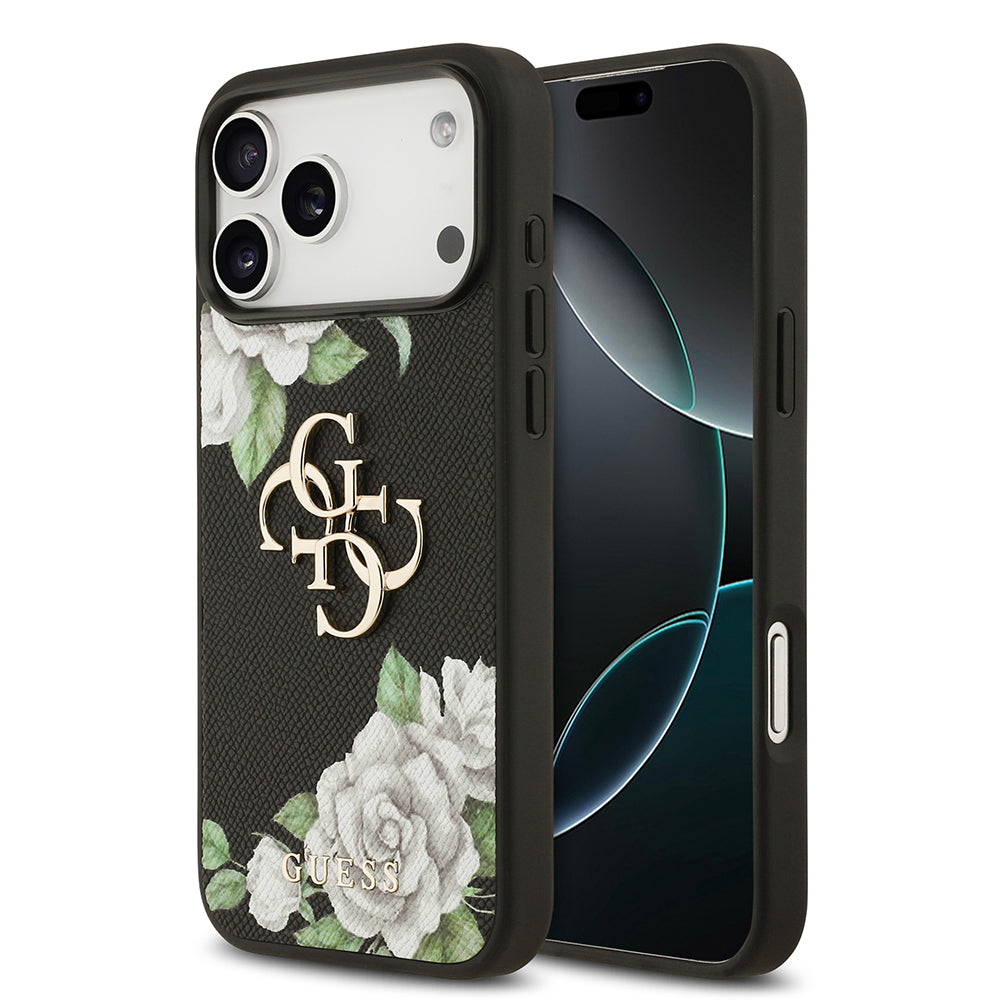 iPhone 17 Pro Max Kılıf Guess Orjinal Lisanslı Gül Baskılı Büyük Metal Logo Dizaynlı Kılıf