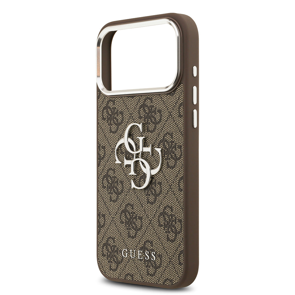 iPhone 17 Pro Max Kılıf Guess Orjinal Lisanslı Gümüş Metal Kamera Çerçeveli 4G Desenli Metal Büyük 4G ve Yazı Logolu Kılıf