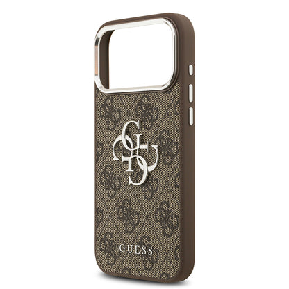 iPhone 17 Pro Max Kılıf Guess Orjinal Lisanslı Gümüş Metal Kamera Çerçeveli 4G Desenli Metal Büyük 4G ve Yazı Logolu Kılıf