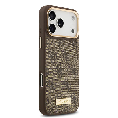 iPhone 17 Pro Max Kılıf Guess Orjinal Lisanslı M-safe Şarj Özellikli 4G Desenli PU Metal Plaka Klasik Logolu Kılıf