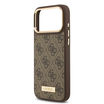 iPhone 17 Pro Max Kılıf Guess Orjinal Lisanslı M-safe Şarj Özellikli 4G Desenli PU Metal Plaka Klasik Logolu Kılıf