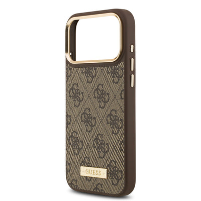 Apple iPhone 17 Pro Max Kılıf Guess Orjinal Lisanslı M-safe Şarj Özellikli 4G Desenli PU Metal Plaka Klasik Logolu Kapak Siyah