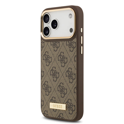 iPhone 17 Pro Max Kılıf Guess Orjinal Lisanslı M-safe Şarj Özellikli 4G Desenli PU Metal Plaka Klasik Logolu Kılıf