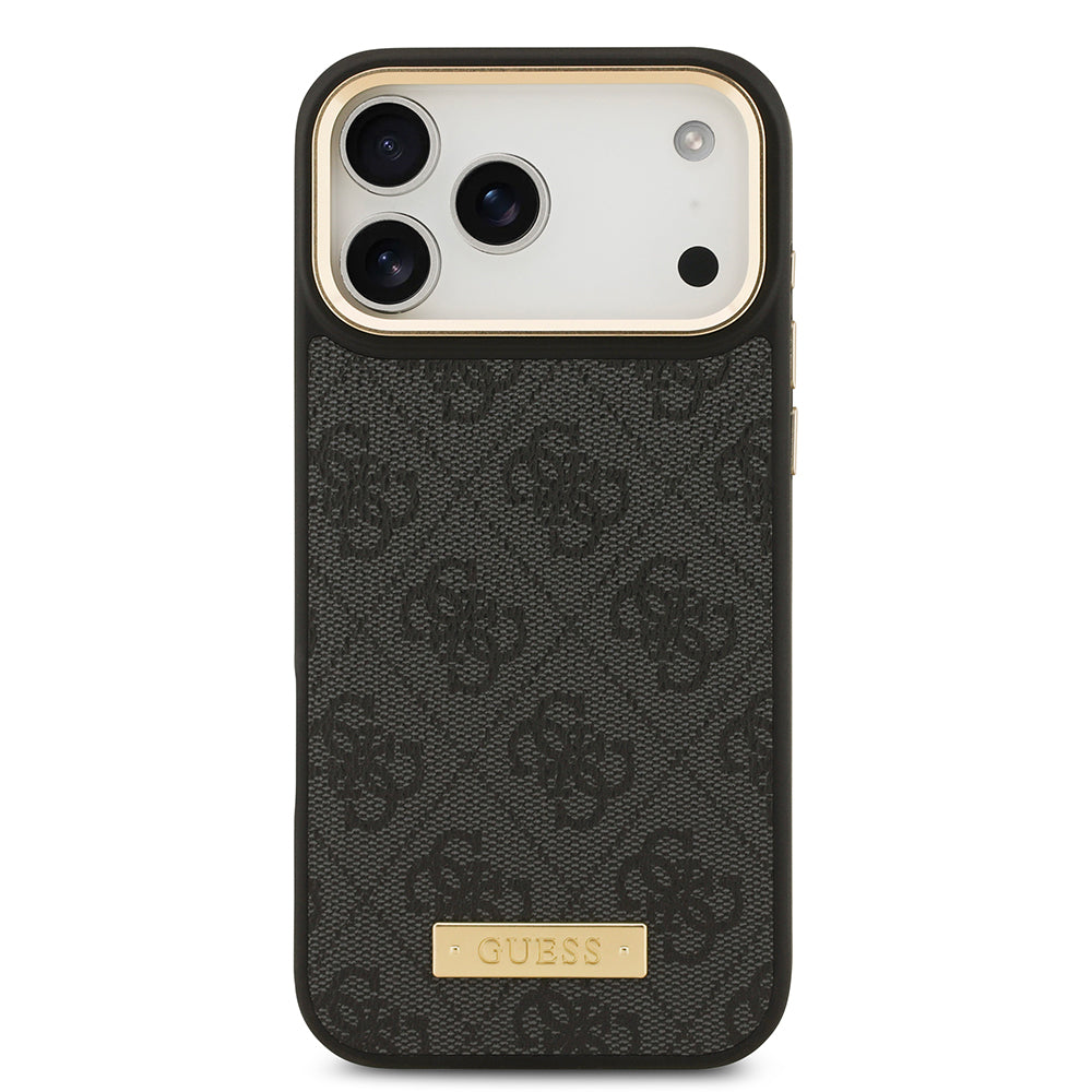 iPhone 17 Pro Max Kılıf Guess Orjinal Lisanslı M-safe Şarj Özellikli 4G Desenli PU Metal Plaka Klasik Logolu Kılıf