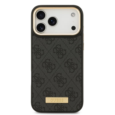 Apple iPhone 17 Pro Max Kılıf Guess Orjinal Lisanslı M-safe Şarj Özellikli 4G Desenli PU Metal Plaka Klasik Logolu Kapak Kahverengi