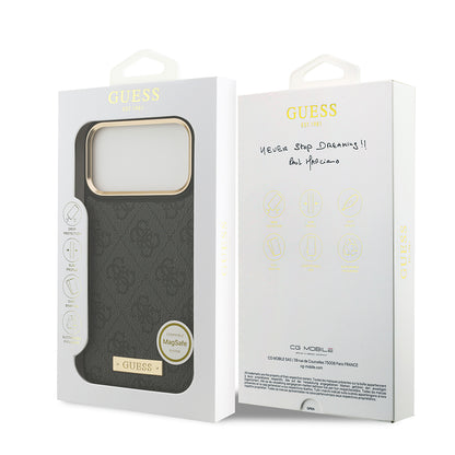 iPhone 17 Pro Max Kılıf Guess Orjinal Lisanslı M-safe Şarj Özellikli 4G Desenli PU Metal Plaka Klasik Logolu Kılıf