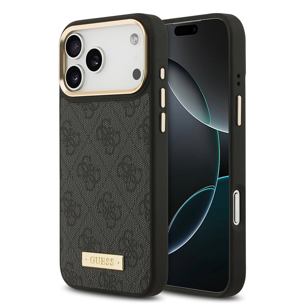 iPhone 17 Pro Max Kılıf Guess Orjinal Lisanslı M-safe Şarj Özellikli 4G Desenli PU Metal Plaka Klasik Logolu Kılıf