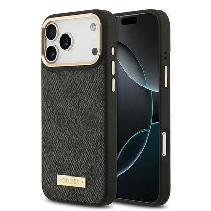 iPhone 17 Pro Max Kılıf Guess Orjinal Lisanslı M-safe Şarj Özellikli 4G Desenli PU Metal Plaka Klasik Logolu Kılıf