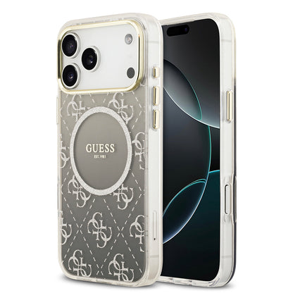iPhone 17 Pro Max Kılıf Guess Orjinal Lisanslı M-safe Şarj Özellikli 4G Desenli Simli Silikon Kılıf