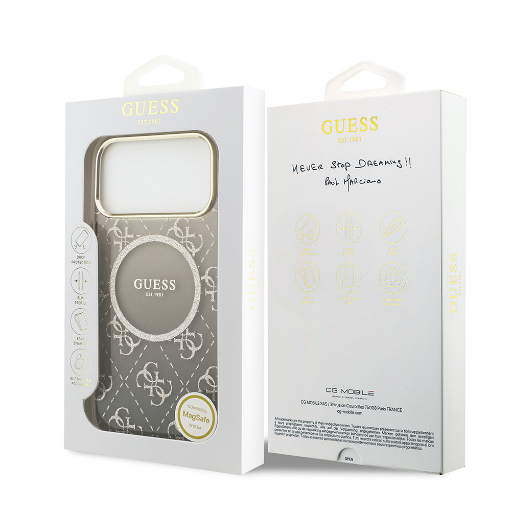 iPhone 17 Pro Max Kılıf Guess Orjinal Lisanslı M-safe Şarj Özellikli 4G Desenli Simli Silikon Kılıf