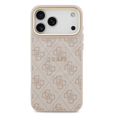 Apple iPhone 17 Pro Max Kılıf Guess Orjinal Lisanslı M-safe Şarj Özellikli Gold Metal Kamera Çerçeveli PU Deri 4G Desenli Yazı Logolu Kapak Pembe