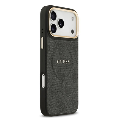 Apple iPhone 17 Pro Max Kılıf Guess Orjinal Lisanslı M-safe Şarj Özellikli Gold Metal Kamera Çerçeveli PU Deri 4G Desenli Yazı Logolu Kapak Kahverengi