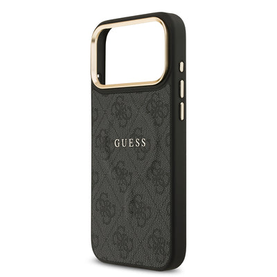 Apple iPhone 17 Pro Max Kılıf Guess Orjinal Lisanslı M-safe Şarj Özellikli Gold Metal Kamera Çerçeveli PU Deri 4G Desenli Yazı Logolu Kapak Kahverengi