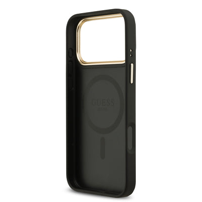 Apple iPhone 17 Pro Max Kılıf Guess Orjinal Lisanslı M-safe Şarj Özellikli Gold Metal Kamera Çerçeveli PU Deri 4G Desenli Yazı Logolu Kapak Pembe